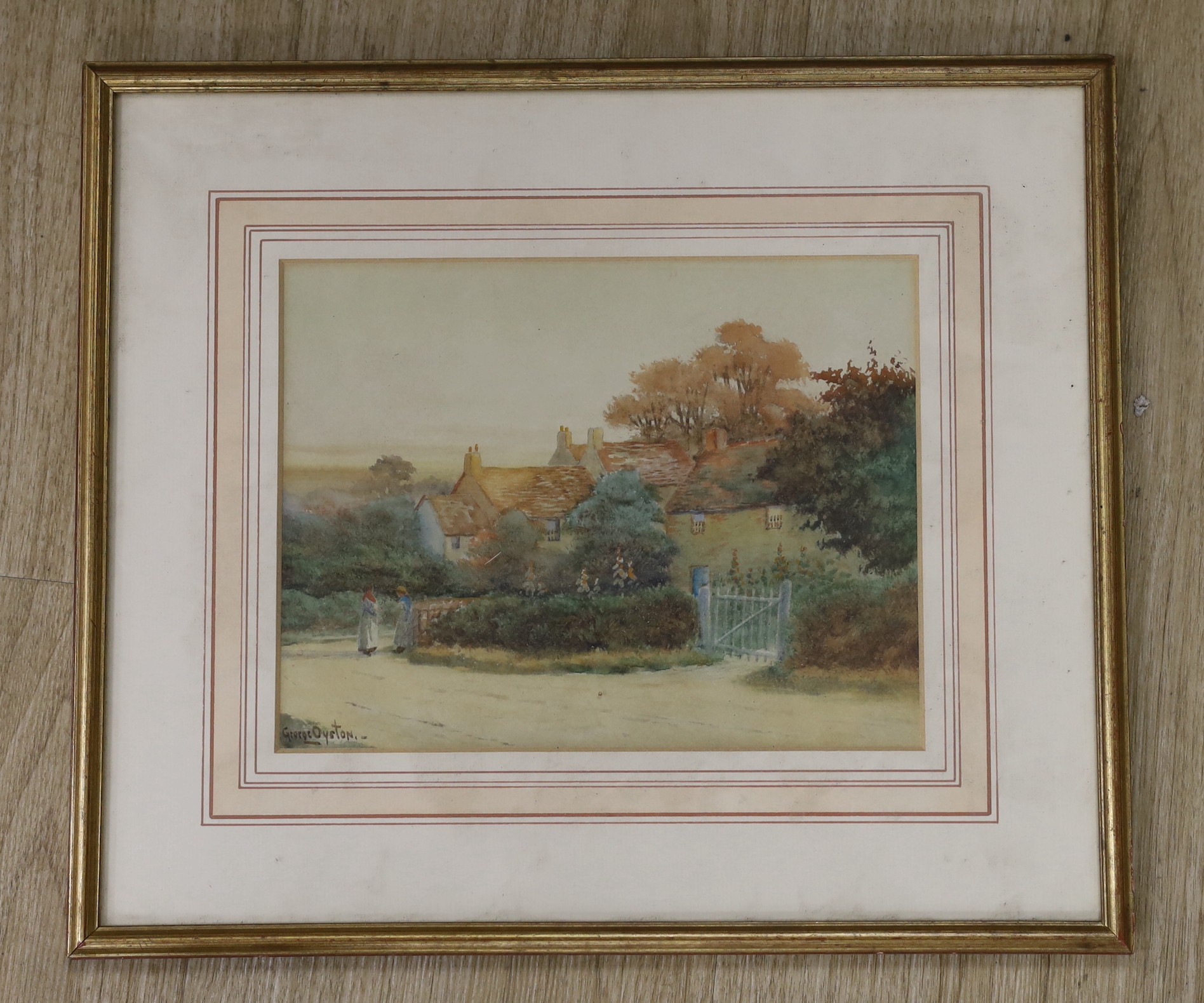 George Oyston (1861-1937), watercolour, Figures in a village street, signed, 17 x 22cm